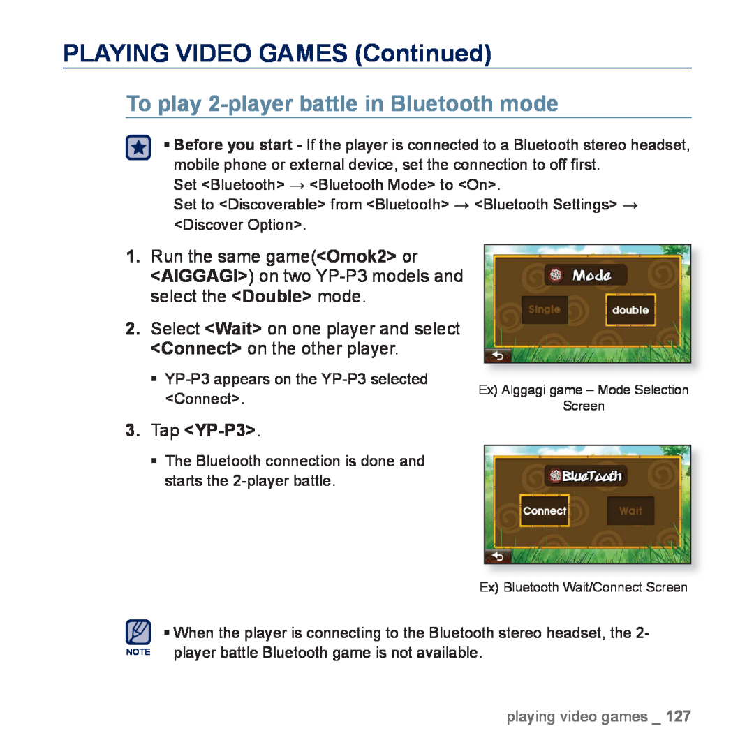Samsung YP-P3CB/SUN, YP-P3CB/AAW manual To play 2-player battle in Bluetooth mode, PLAYING VIDEO GAMES Continued, Tap YP-P3 