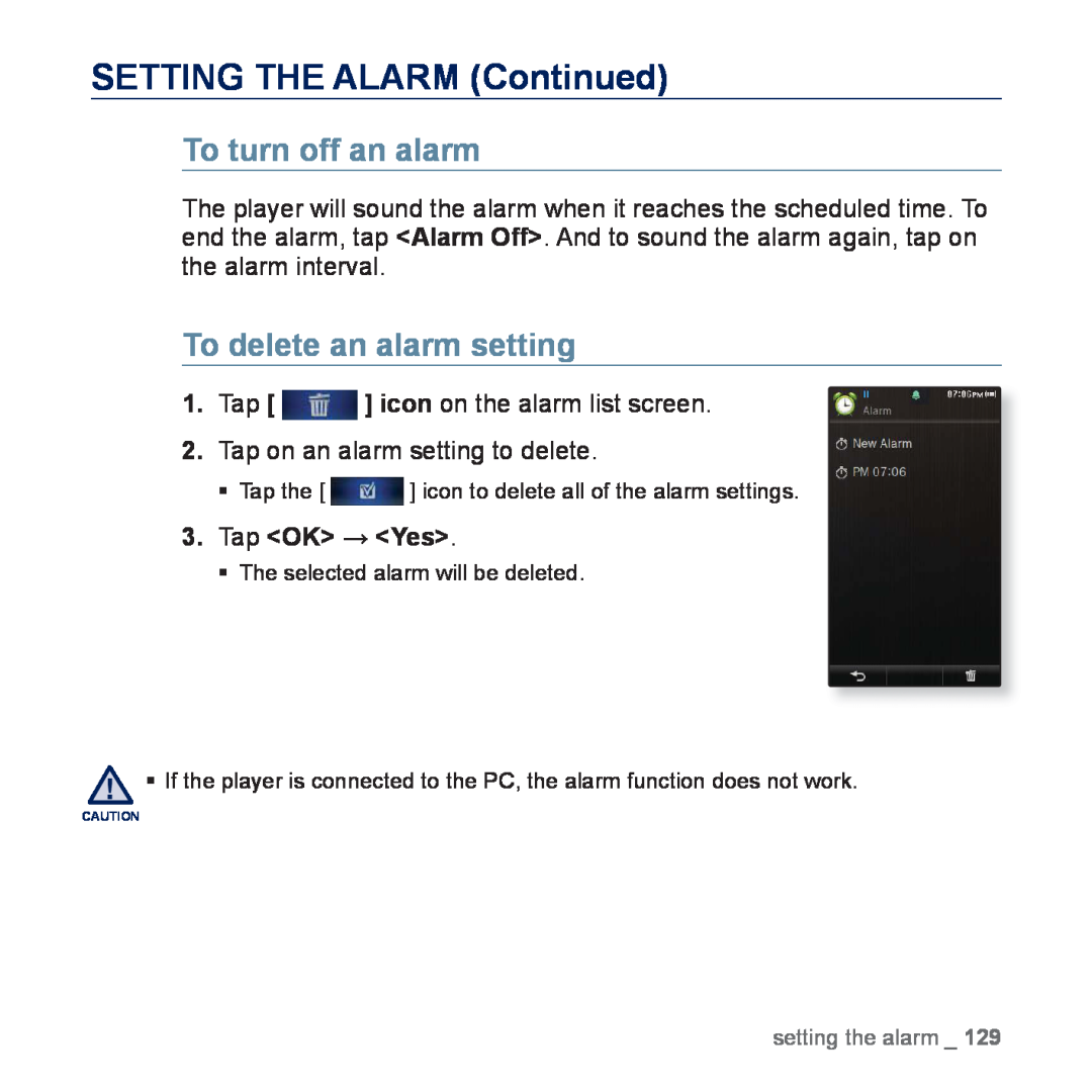 Samsung YP-P3CS/SUN, YP-P3CB/AAW, YP-P3CB/MEA SETTING THE ALARM Continued, To turn off an alarm, To delete an alarm setting 