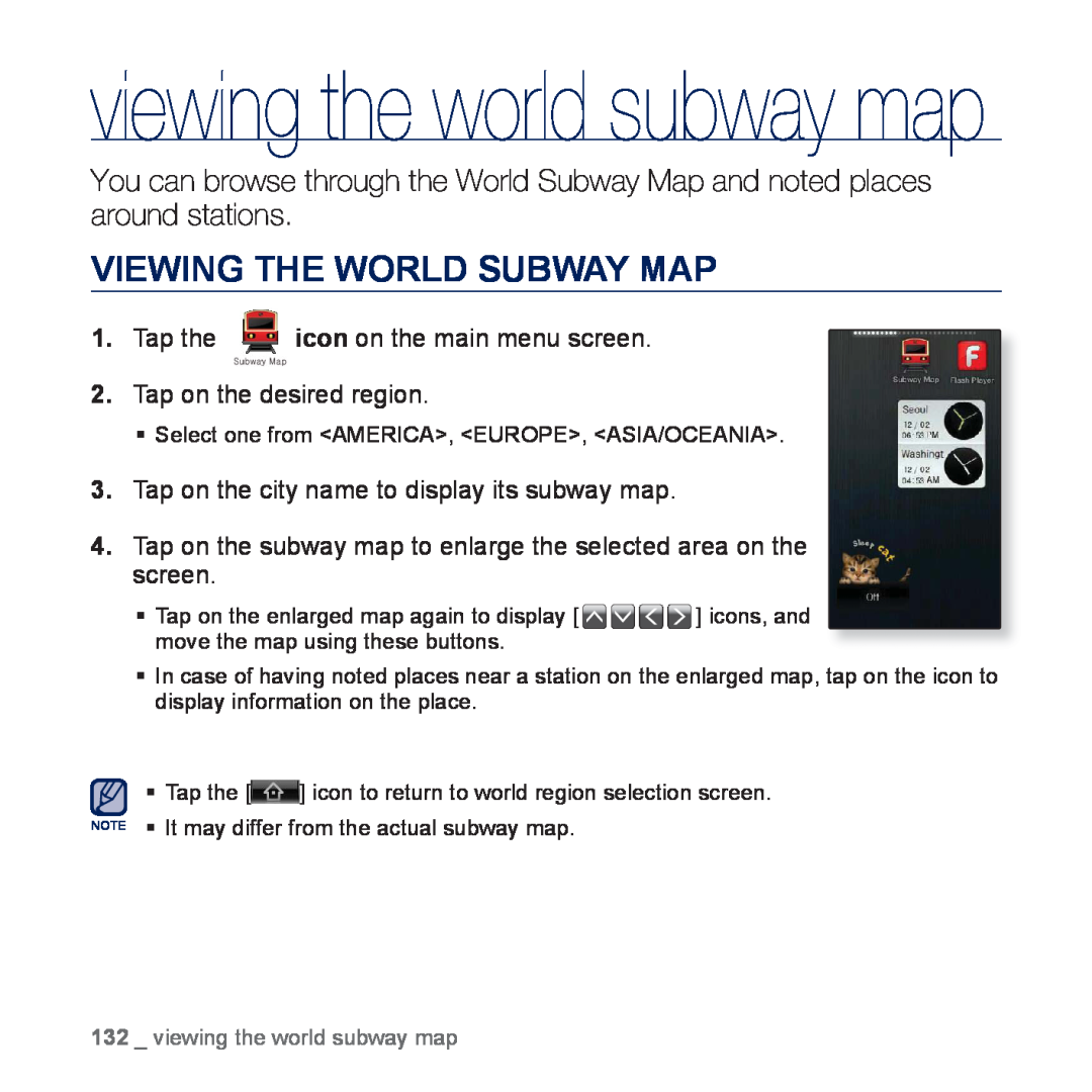 Samsung YP-P3EB/MEA manual Viewing The World Subway Map, Tap the icon on the main menu screen 2. Tap on the desired region 