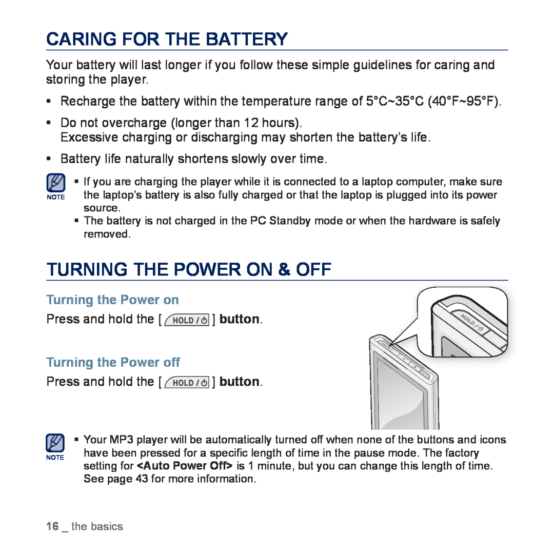 Samsung YP-P3CS/MEA manual Caring For The Battery, Turning The Power On & Off, Do not overcharge longer than 12 hours 