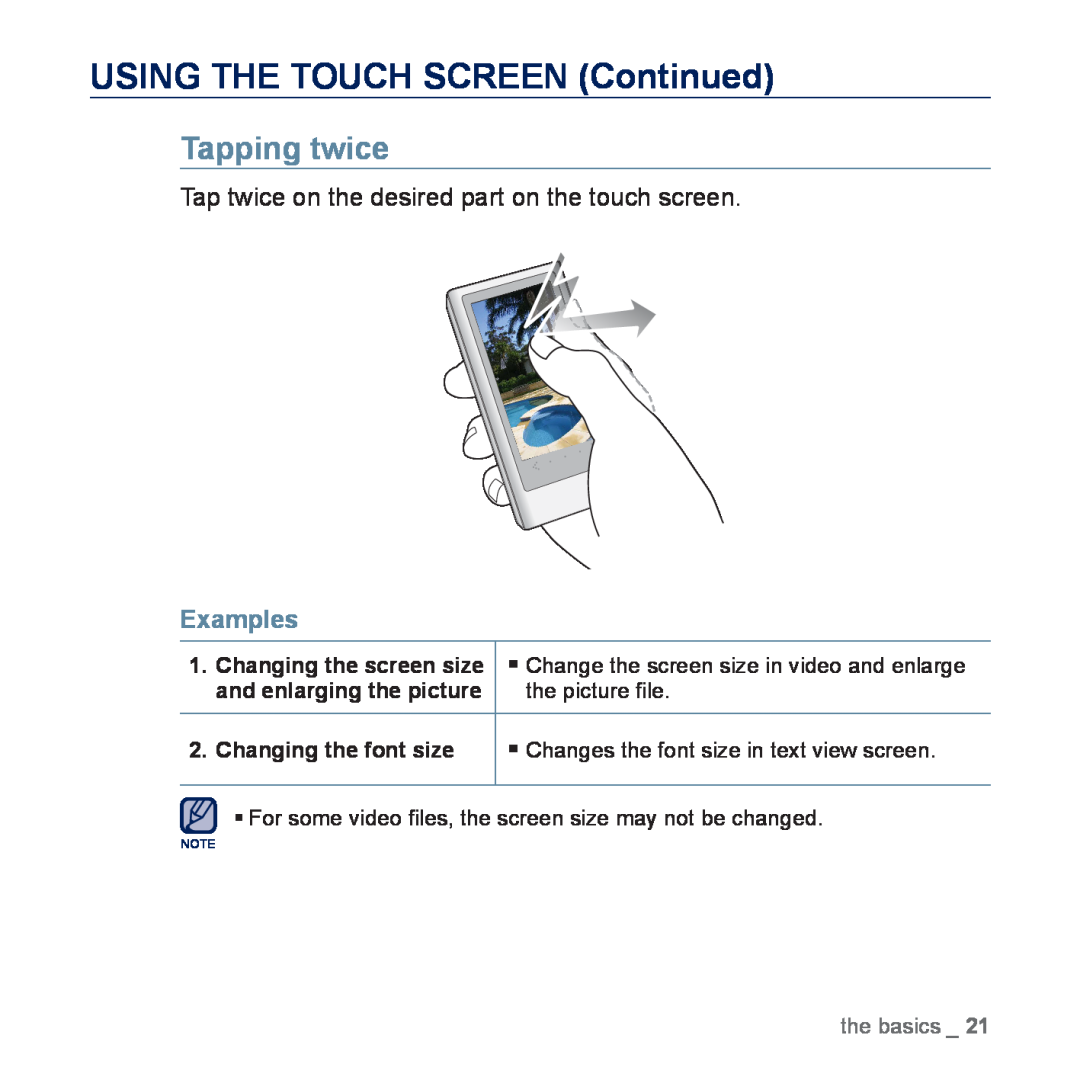 Samsung YP-P3AB/MEA Tapping twice, Tap twice on the desired part on the touch screen, USING THE TOUCH SCREEN Continued 