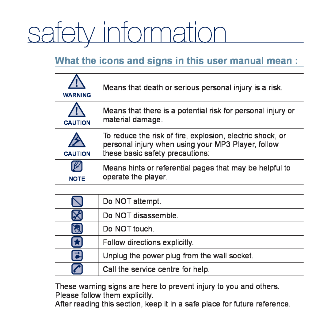 Samsung YP-P3CS/MEA, YP-P3CB/AAW safety information, What the icons and signs in this user manual mean, material damage 