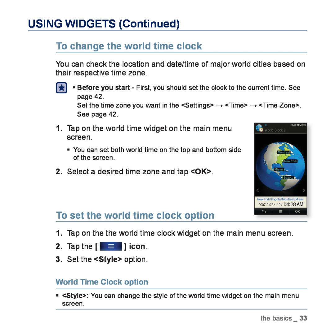 Samsung YP-P3ES/MEA manual To change the world time clock, To set the world time clock option, World Time Clock option 