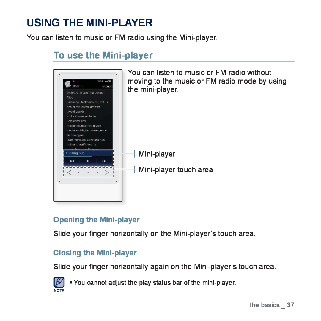 Samsung YP-P3EB/SUN, YP-P3CB/AAW manual Using The Mini-Player, To use the Mini-player, Mini-player Mini-player touch area 