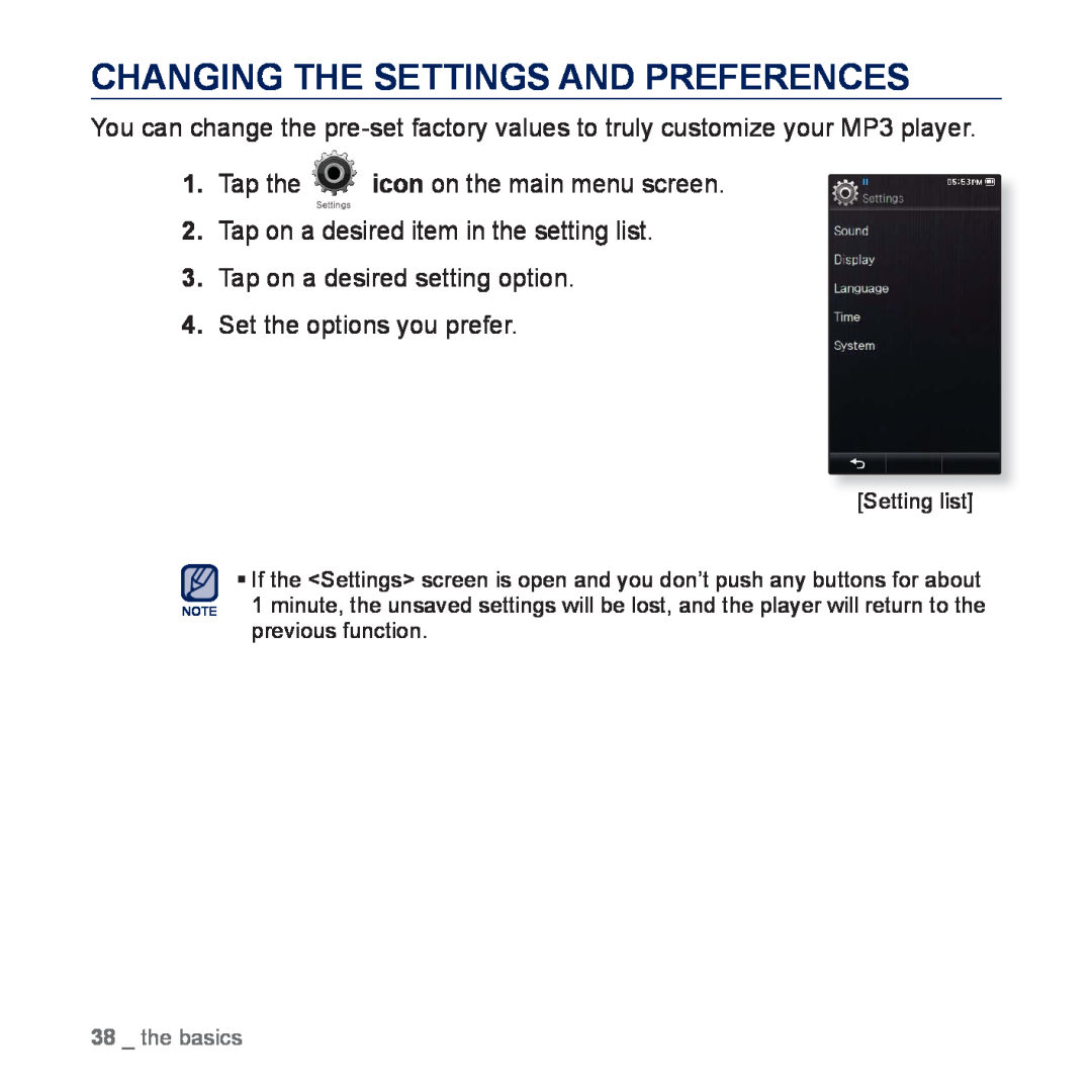Samsung YP-P3CS/SUN, YP-P3CB/AAW, YP-P3CB/MEA Changing The Settings And Preferences, Tap the icon on the main menu screen 