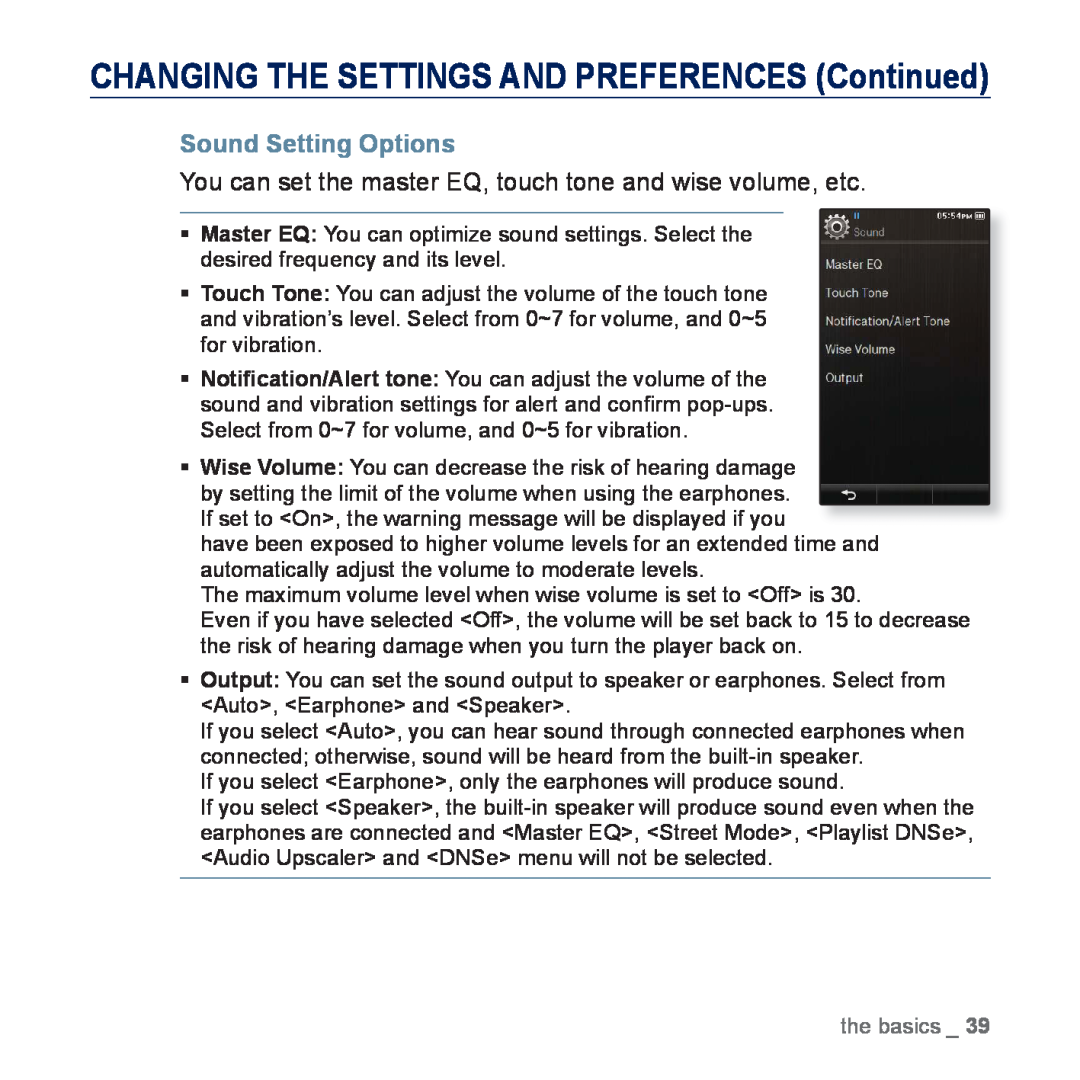 Samsung YP-P3CB/AAW, YP-P3CB/MEA manual CHANGING THE SETTINGS AND PREFERENCES Continued, Sound Setting Options, the basics 