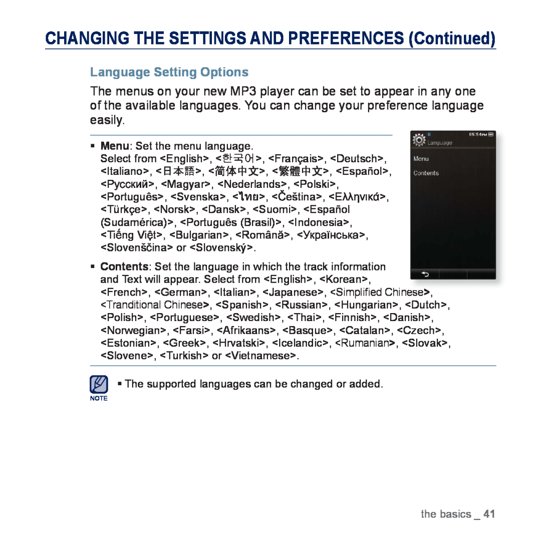 Samsung YP-P3EB/MEA, YP-P3CB/AAW Language Setting Options, CHANGING THE SETTINGS AND PREFERENCES Continued, the basics 