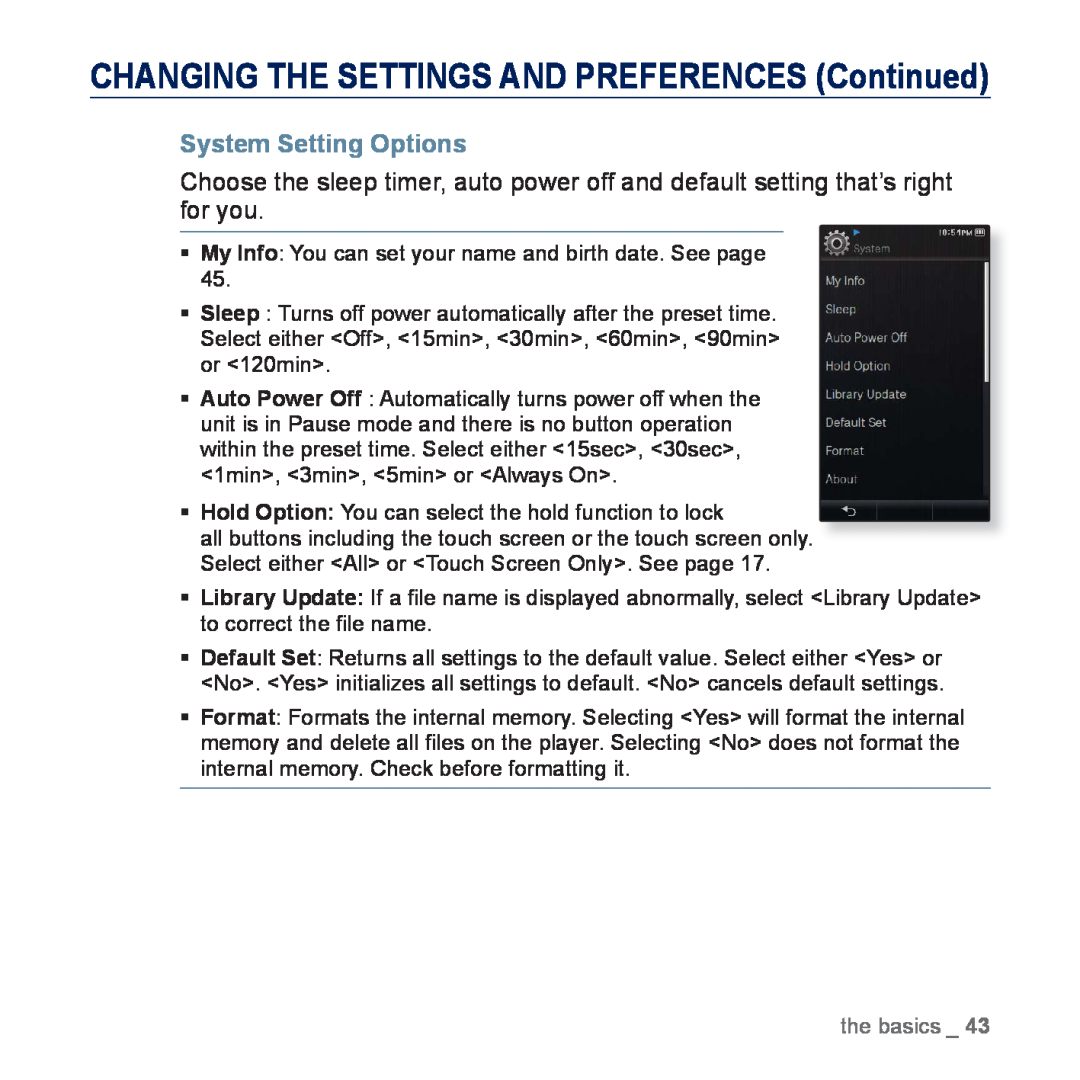Samsung YP-P3CS/AAW, YP-P3CB/AAW manual System Setting Options, CHANGING THE SETTINGS AND PREFERENCES Continued, the basics 