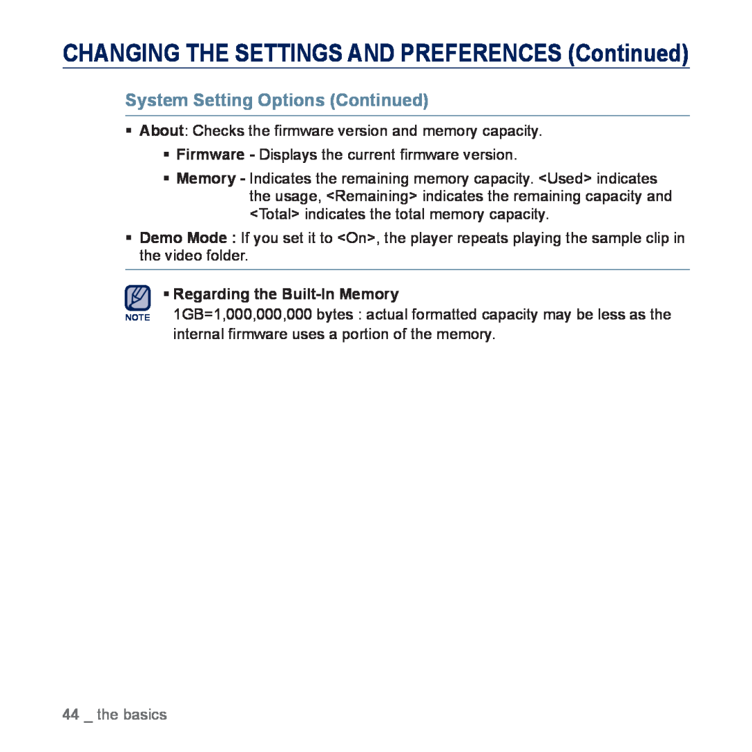 Samsung YP-P3ES/AAW manual System Setting Options Continued, CHANGING THE SETTINGS AND PREFERENCES Continued, the basics 