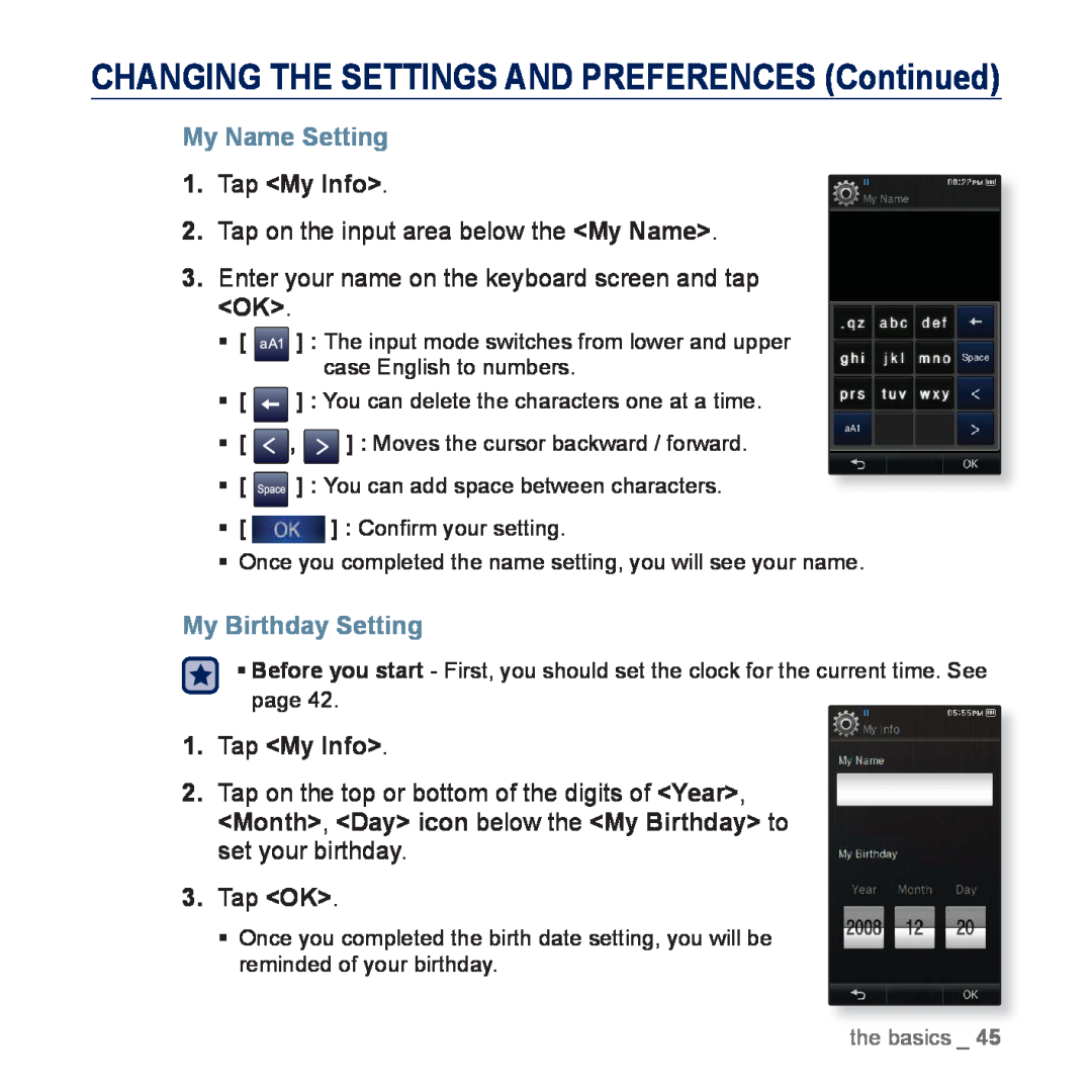 Samsung YP-P3AB/HAC My Name Setting, Tap on the input area below the My Name, My Birthday Setting, Tap OK, the basics 