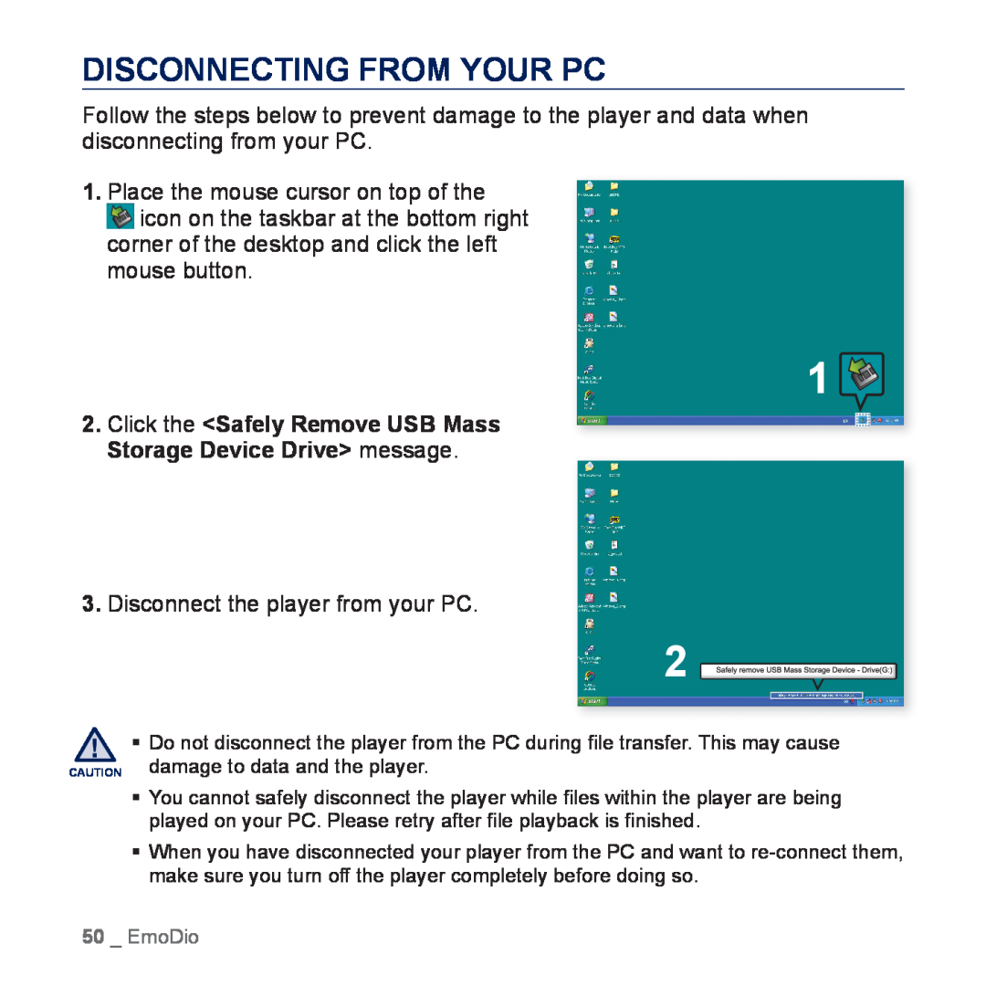 Samsung YP-P3EB/SUN, YP-P3CB/AAW, YP-P3CB/MEA, YP-P3EB/MEA Disconnecting From Your Pc, Disconnect the player from your PC 