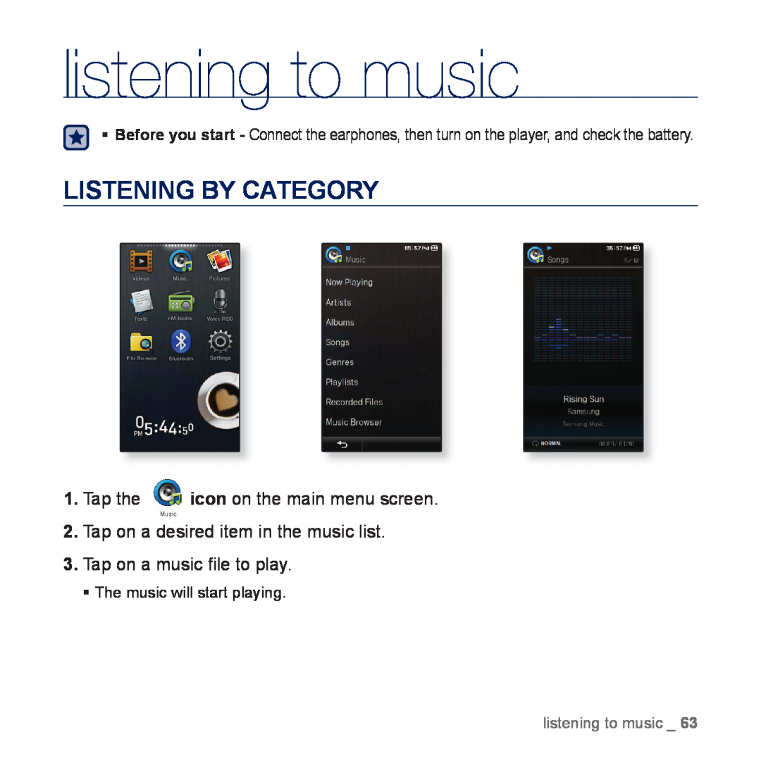 Samsung YP-P3EB/SUN, YP-P3CB/AAW manual listening to music, Listening By Category, Tap on a desired item in the music list 