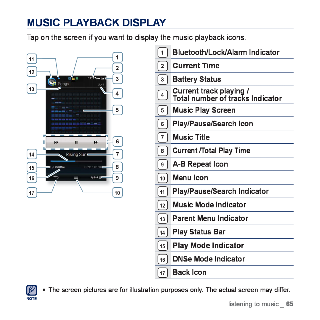 Samsung YP-P3CB/AAW, YP-P3CB/MEA Music Playback Display, Tap on the screen if you want to display the music playback icons 