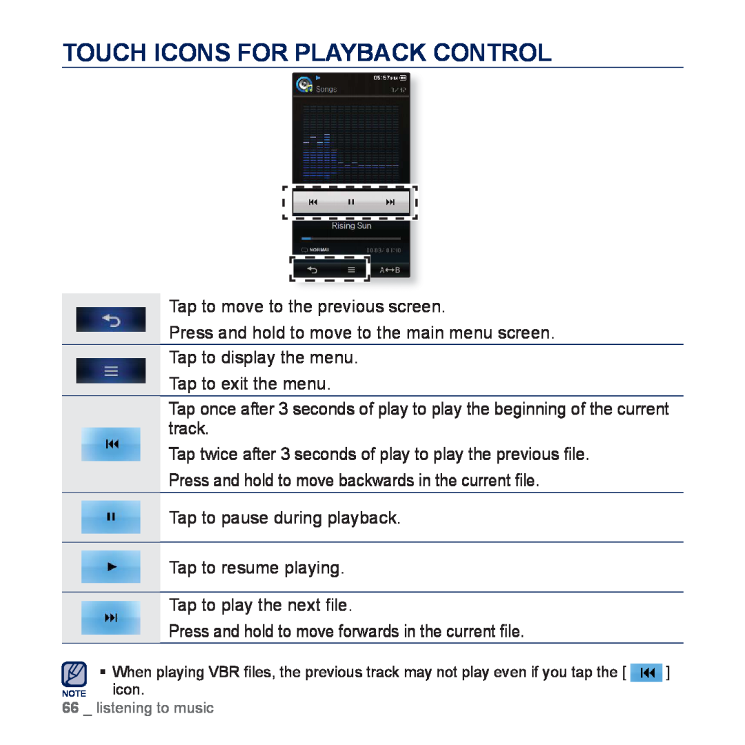 Samsung YP-P3CB/MEA manual Tap twice after 3 seconds of play to play the previous ﬁle, Touch Icons For Playback Control 