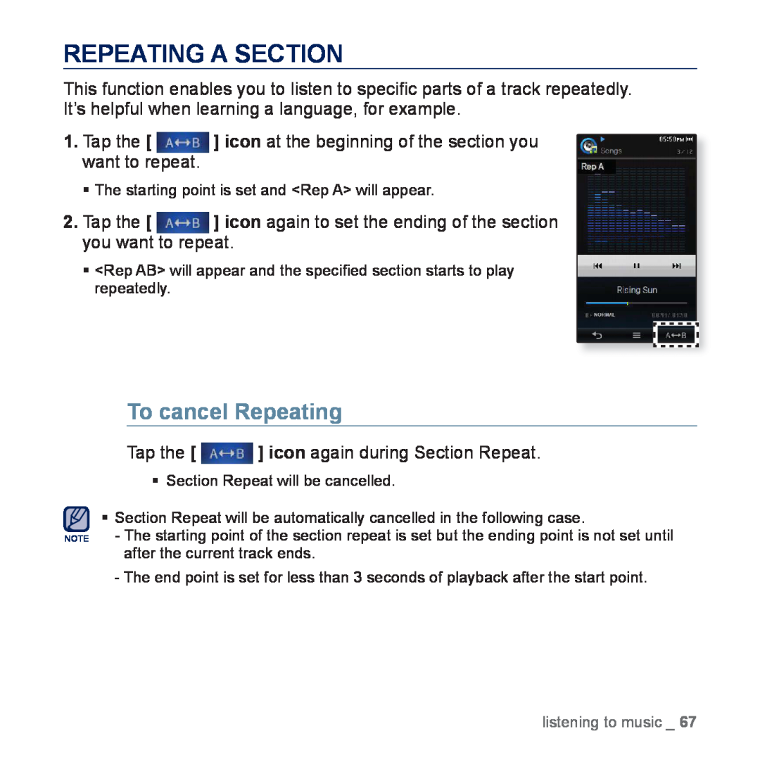 Samsung YP-P3EB/MEA, YP-P3CB/AAW manual Repeating A Section, To cancel Repeating, Tap the icon again during Section Repeat 