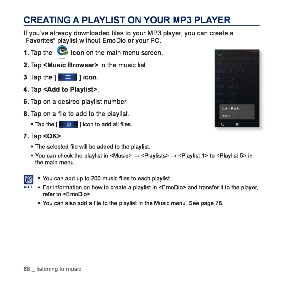 Samsung YP-P3CS/MEA CREATING A PLAYLIST ON YOUR MP3 PLAYER, Tap Music Browser in the music list 3 Tap the icon, Tap OK 