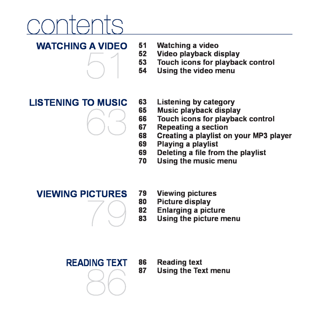Samsung YP-P3ES/MEA, YP-P3CB/AAW manual Watching A Video, Listening To Music, Viewing Pictures, Reading Text, contents 