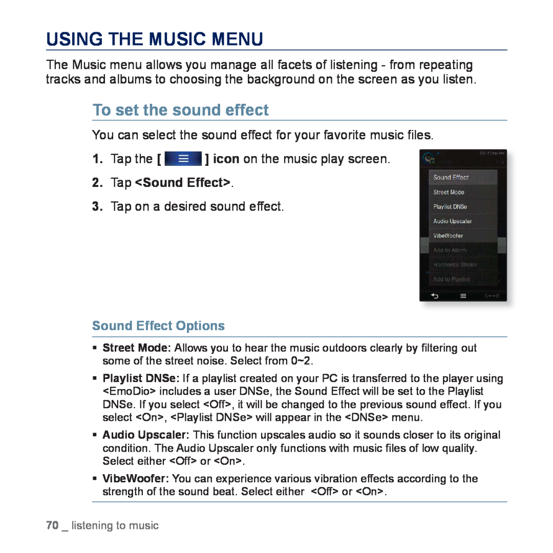 Samsung YP-P3ES/AAW, YP-P3CB/AAW manual Using The Music Menu, To set the sound effect, Tap the icon on the music play screen 