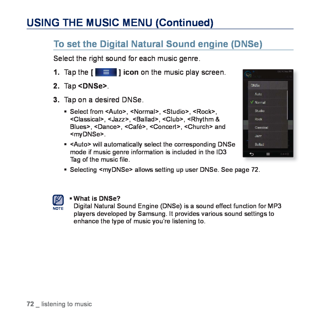 Samsung YP-P3ES/MEA Select the right sound for each music genre, USING THE MUSIC MENU Continued, Tap on a desired DNSe 