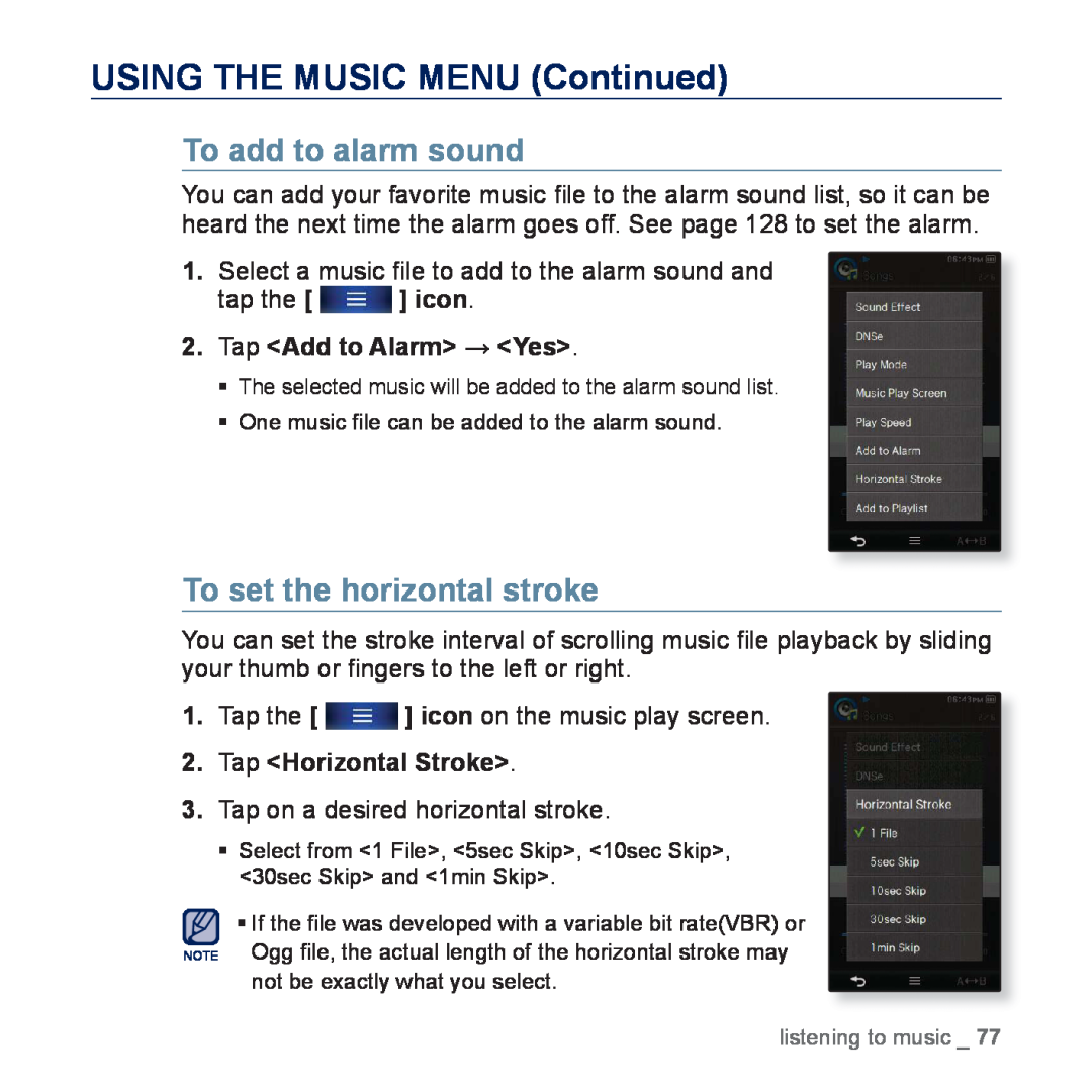 Samsung YP-P3CS/SUN, YP-P3CB/AAW manual To add to alarm sound, Select a music ﬁle to add to the alarm sound and tap the icon 