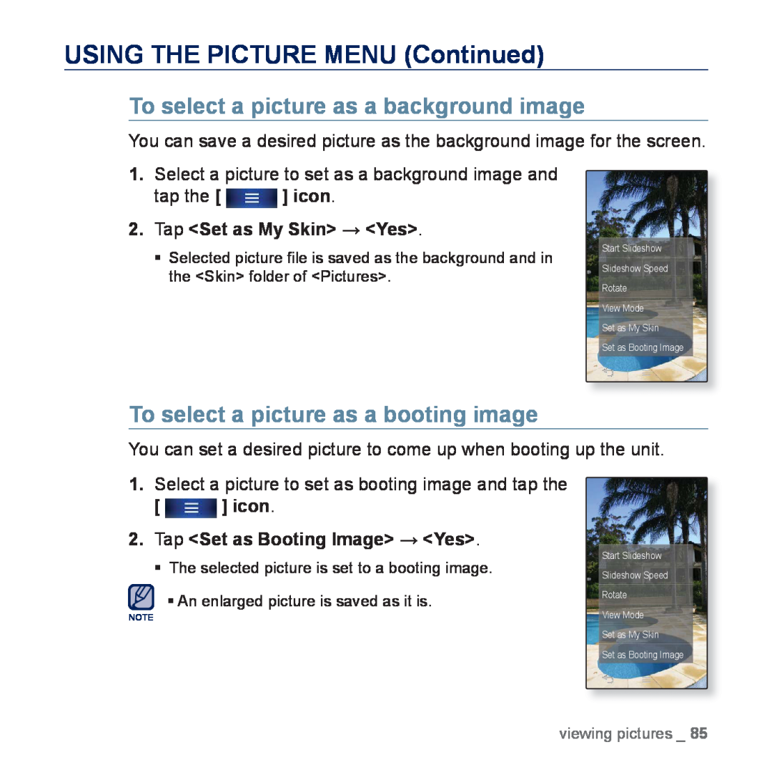Samsung YP-P3ES/MEA, YP-P3CB/AAW manual To select a picture as a background image, To select a picture as a booting image 