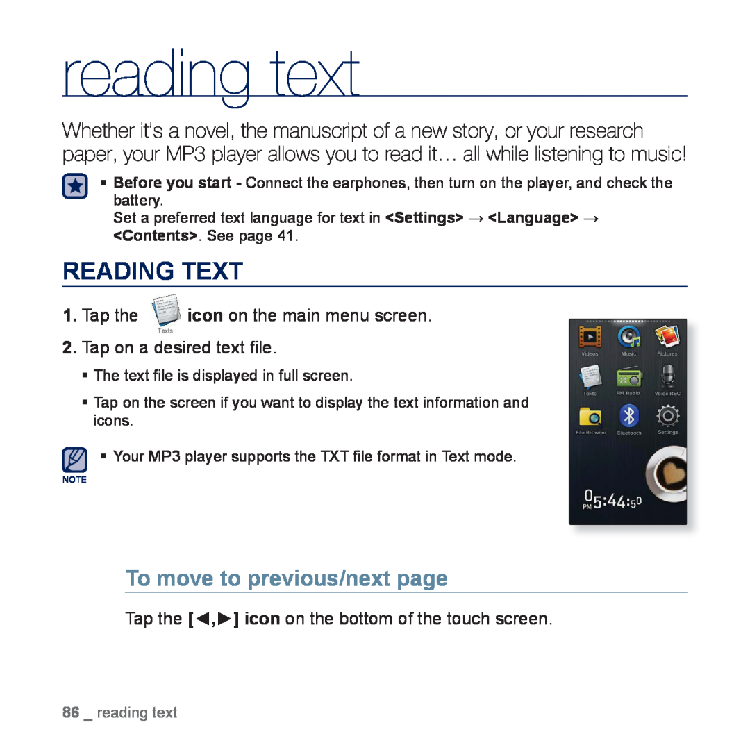 Samsung YP-P3AB/MEA, YP-P3CB/AAW, YP-P3CB/MEA, YP-P3EB/MEA manual reading text, Reading Text, To move to previous/next page 