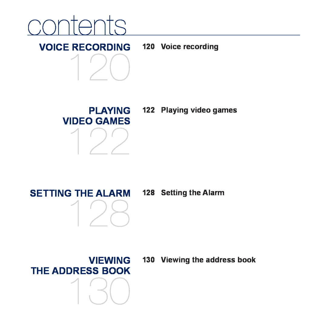 Samsung YP-P3EB/AAW manual Voice Recording, Playing Video Games, The Address Book, contents, Viewing the address book 