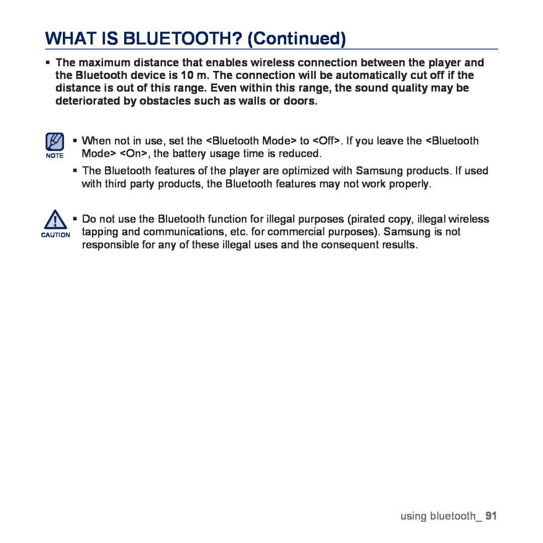 Samsung YP-P3CB/AAW, YP-P3CB/MEA, YP-P3EB/MEA, YP-P3CS/MEA, YP-P3CS/AAW manual WHAT IS BLUETOOTH? Continued, using bluetooth 
