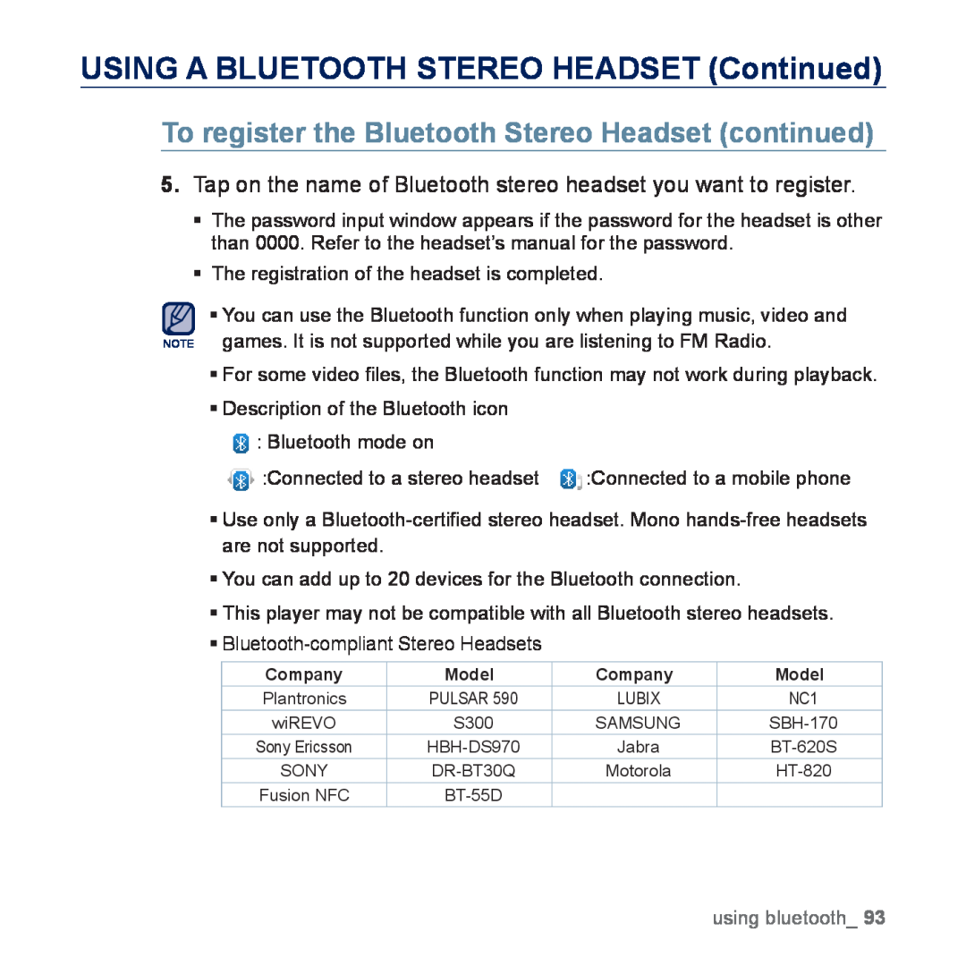 Samsung YP-P3EB/MEA manual USING A BLUETOOTH STEREO HEADSET Continued, To register the Bluetooth Stereo Headset continued 