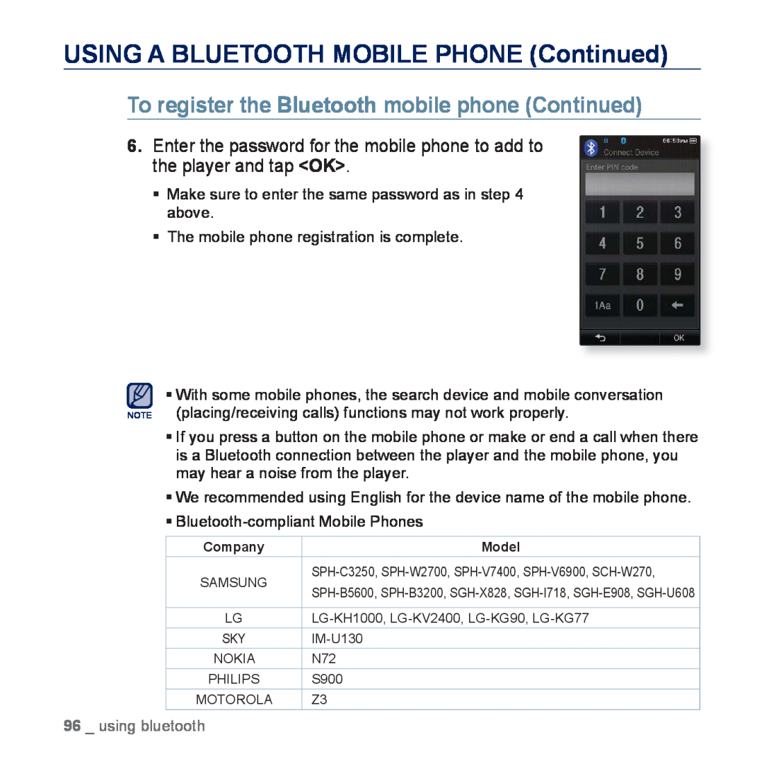 Samsung YP-P3ES/AAW manual USING A BLUETOOTH MOBILE PHONE Continued, To register the Bluetooth mobile phone Continued 