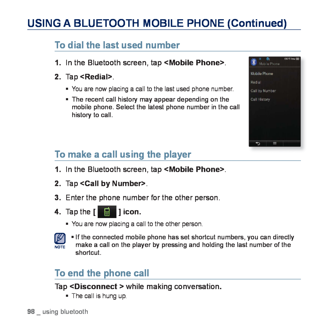 Samsung YP-P3ES/MEA To dial the last used number, To make a call using the player, To end the phone call, using bluetooth 