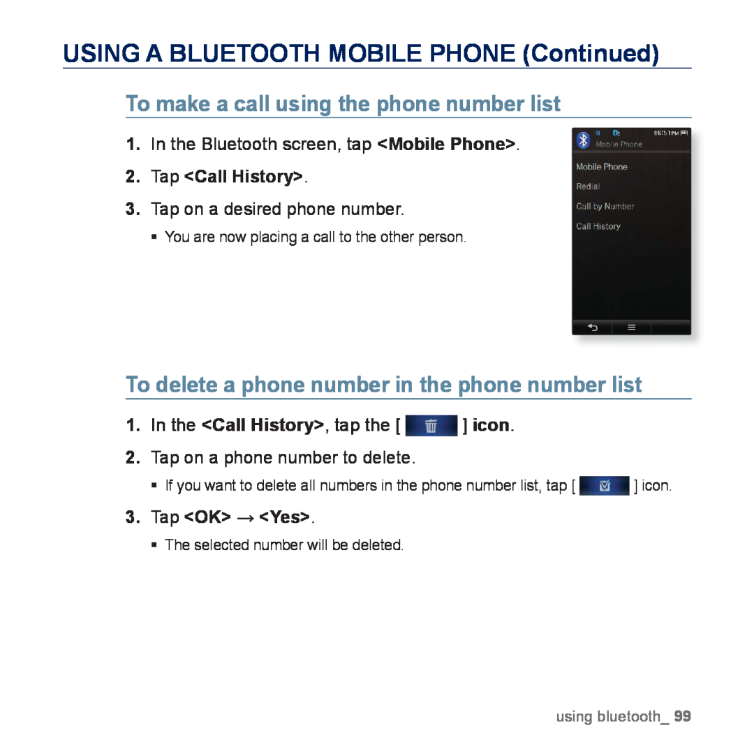 Samsung YP-P3AB/MEA manual To make a call using the phone number list, To delete a phone number in the phone number list 