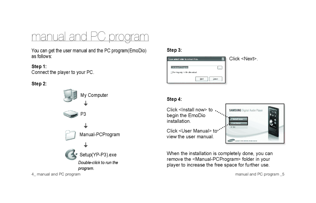 Samsung YP-P3CB/SUN, YP-P3EB/SUN, YP-P3CS/SUN manual Manual and PC program 