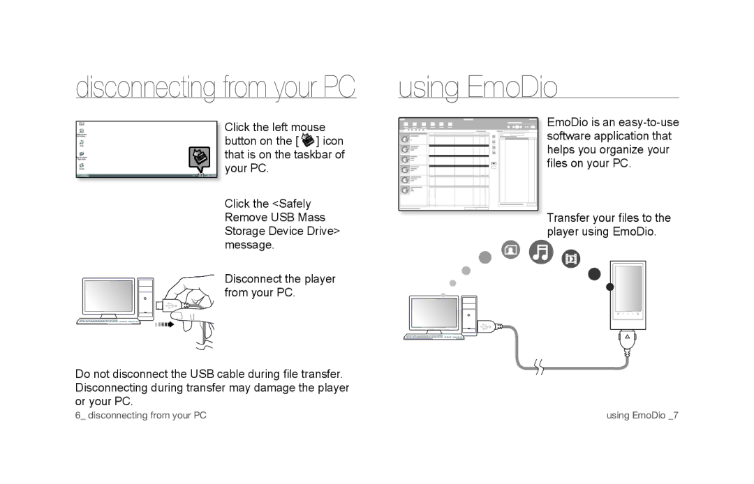 Samsung YP-P3EB/SUN, YP-P3CB/SUN, YP-P3CS/SUN manual Using EmoDio, Disconnecting from your PC 