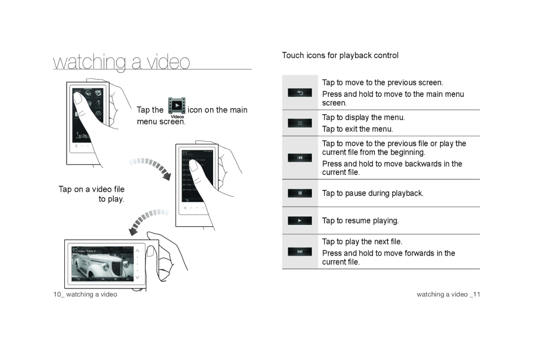 Samsung YP-P3CB/SUN, YP-P3EB/SUN, YP-P3CS/SUN manual Watching a video, Touch icons for playback control 