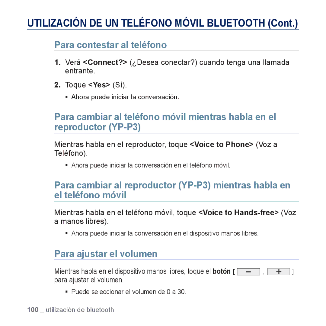 Samsung YP-P3JES/XEE, YP-P3JCS/XEF, YP-P3JCB/XEF, YP-P3JNS/XEE manual Para contestar al teléfono, Para ajustar el volumen 