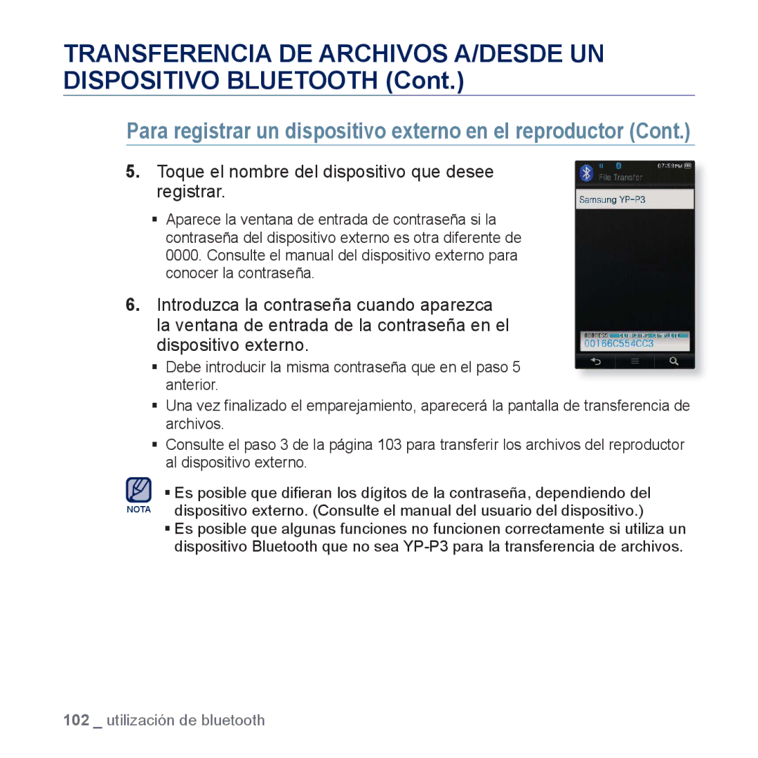 Samsung YP-P3JCB/XEE, YP-P3JCS/XEF, YP-P3JCB/XEF, YP-P3JNS/XEE Transferencia DE Archivos A/DESDE UN Dispositivo Bluetooth 