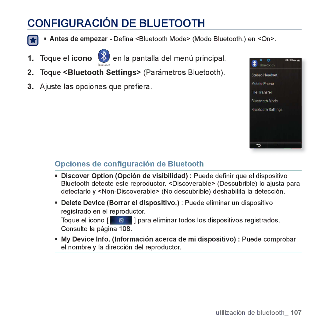 Samsung YP-P3JCS/XEE, YP-P3JCS/XEF, YP-P3JCB/XEF manual Configuración DE Bluetooth, Opciones de conﬁguración de Bluetooth 