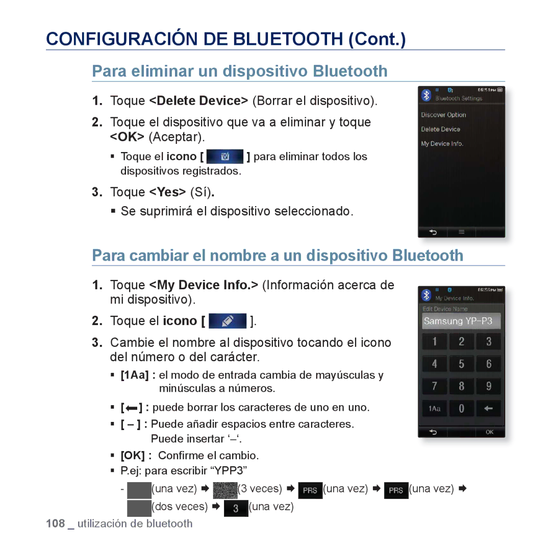 Samsung YP-P3JES/XEE, YP-P3JCS/XEF, YP-P3JCB/XEF manual Configuración DE Bluetooth, Para eliminar un dispositivo Bluetooth 