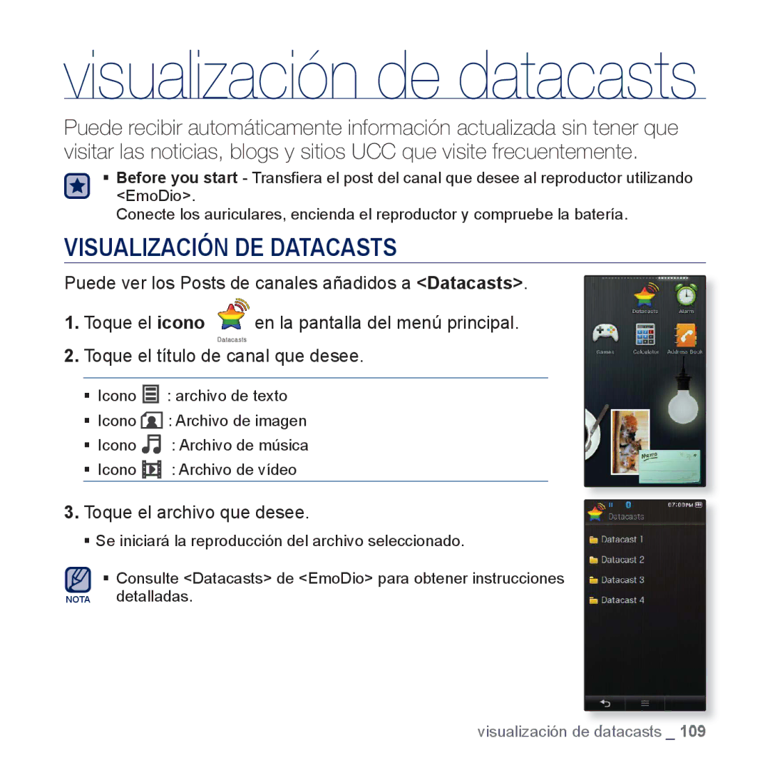 Samsung YP-P3JEB/XEE, YP-P3JCS/XEF, YP-P3JCB/XEF, YP-P3JNS/XEE manual Visualización de datacasts, Visualización DE Datacasts 