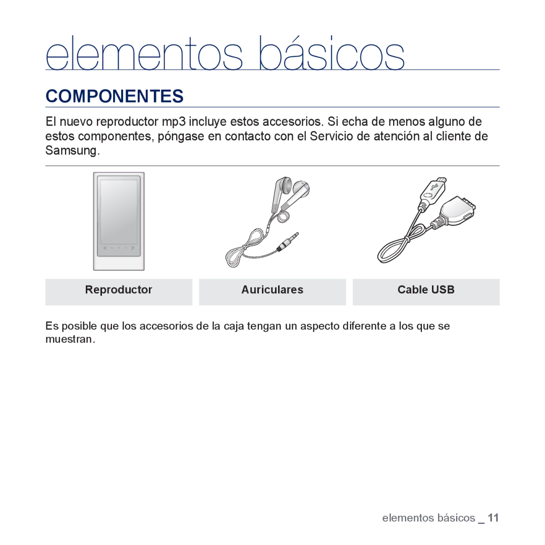 Samsung YP-P3JCS/XEE, YP-P3JCS/XEF, YP-P3JCB/XEF, YP-P3JNS/XEE manual Elementos básicos, Componentes, Reproductor Auriculares 