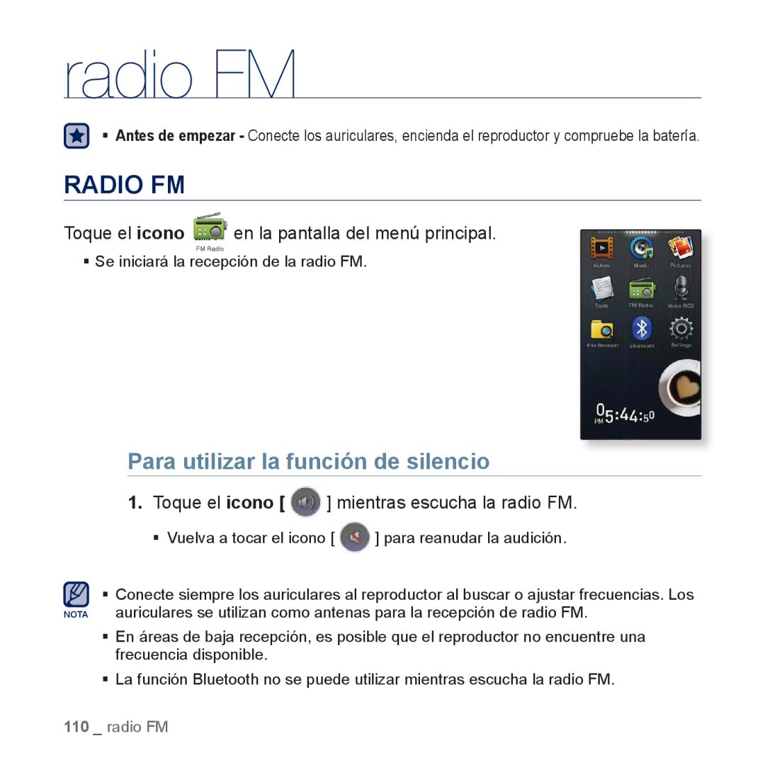 Samsung YP-P3JCB/XEE manual Radio FM, Para utilizar la función de silencio, Toque el icono mientras escucha la radio FM 