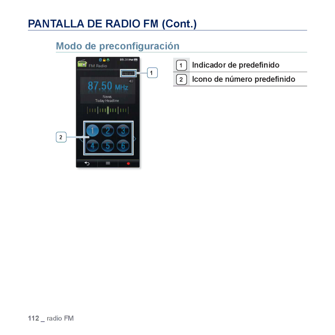 Samsung YP-P3JCS/XEF Pantalla DE Radio FM, Modo de preconﬁguración, Indicador de predeﬁnido Icono de número predeﬁnido 