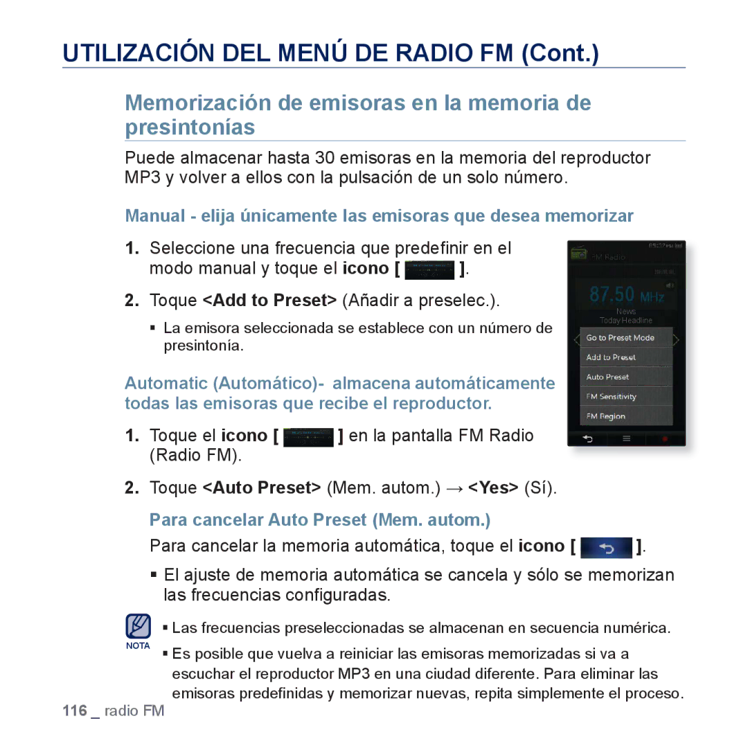 Samsung YP-P3JES/XEE manual Utilización DEL Menú DE Radio FM, Memorización de emisoras en la memoria de presintonías 