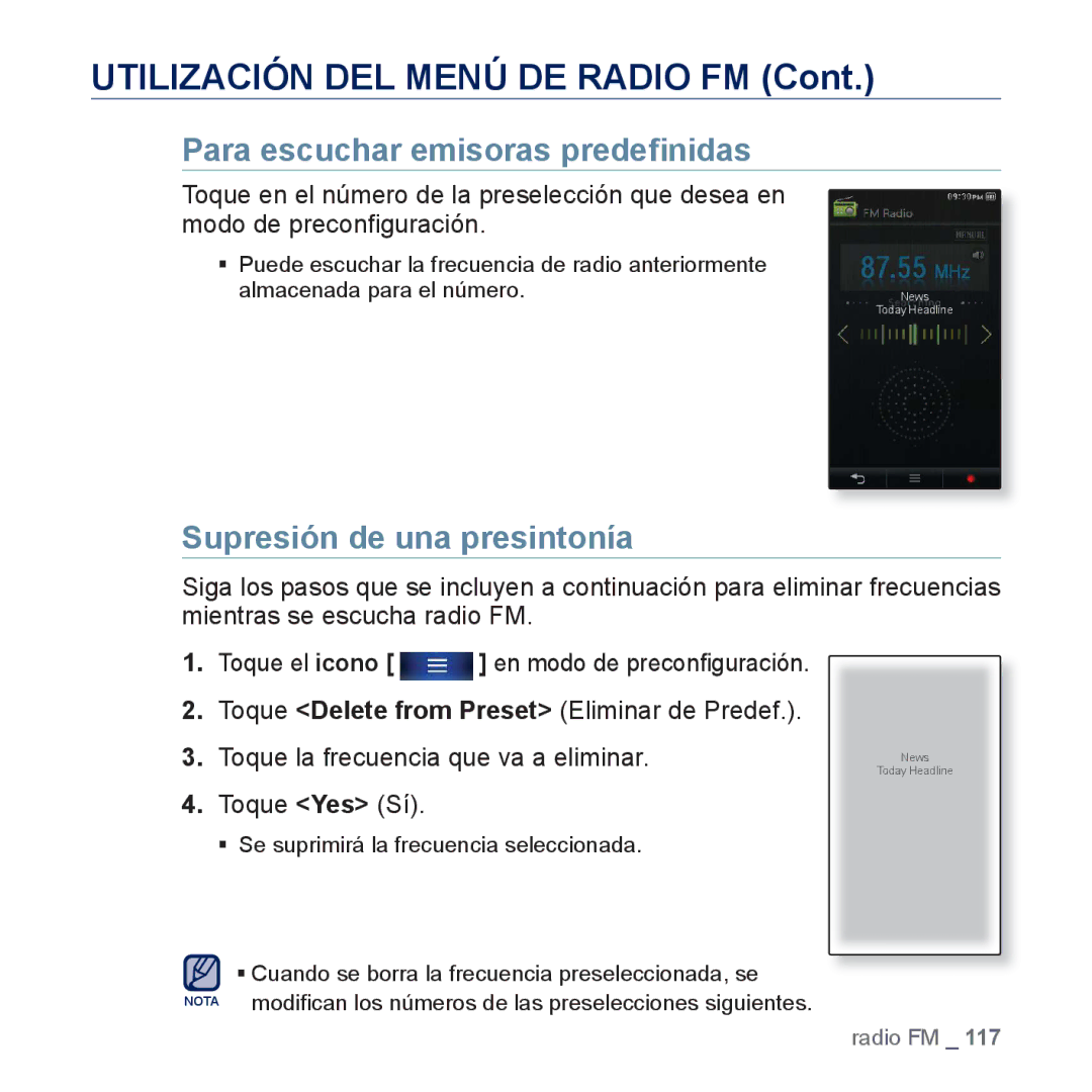 Samsung YP-P3JEB/XEE, YP-P3JCS/XEF, YP-P3JCB/XEF manual Para escuchar emisoras predeﬁnidas, Supresión de una presintonía 