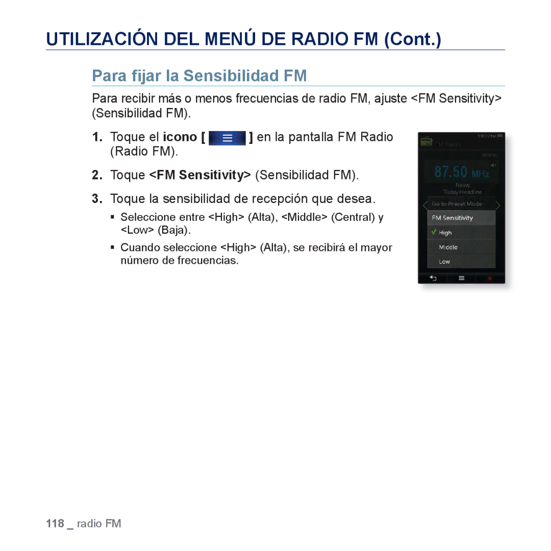 Samsung YP-P3JCB/XEE, YP-P3JCS/XEF, YP-P3JCB/XEF, YP-P3JNS/XEE, YP-P3JCS/XEE, YP-P3JES/XEE manual Para ﬁjar la Sensibilidad FM 