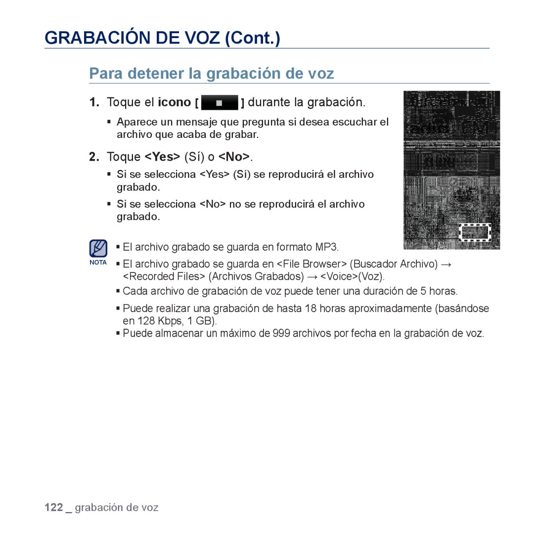 Samsung YP-P3JNS/XEE, YP-P3JCS/XEF, YP-P3JCB/XEF manual Grabación DE VOZ, Para detener la grabación de voz, Toque Yes Sí o No 