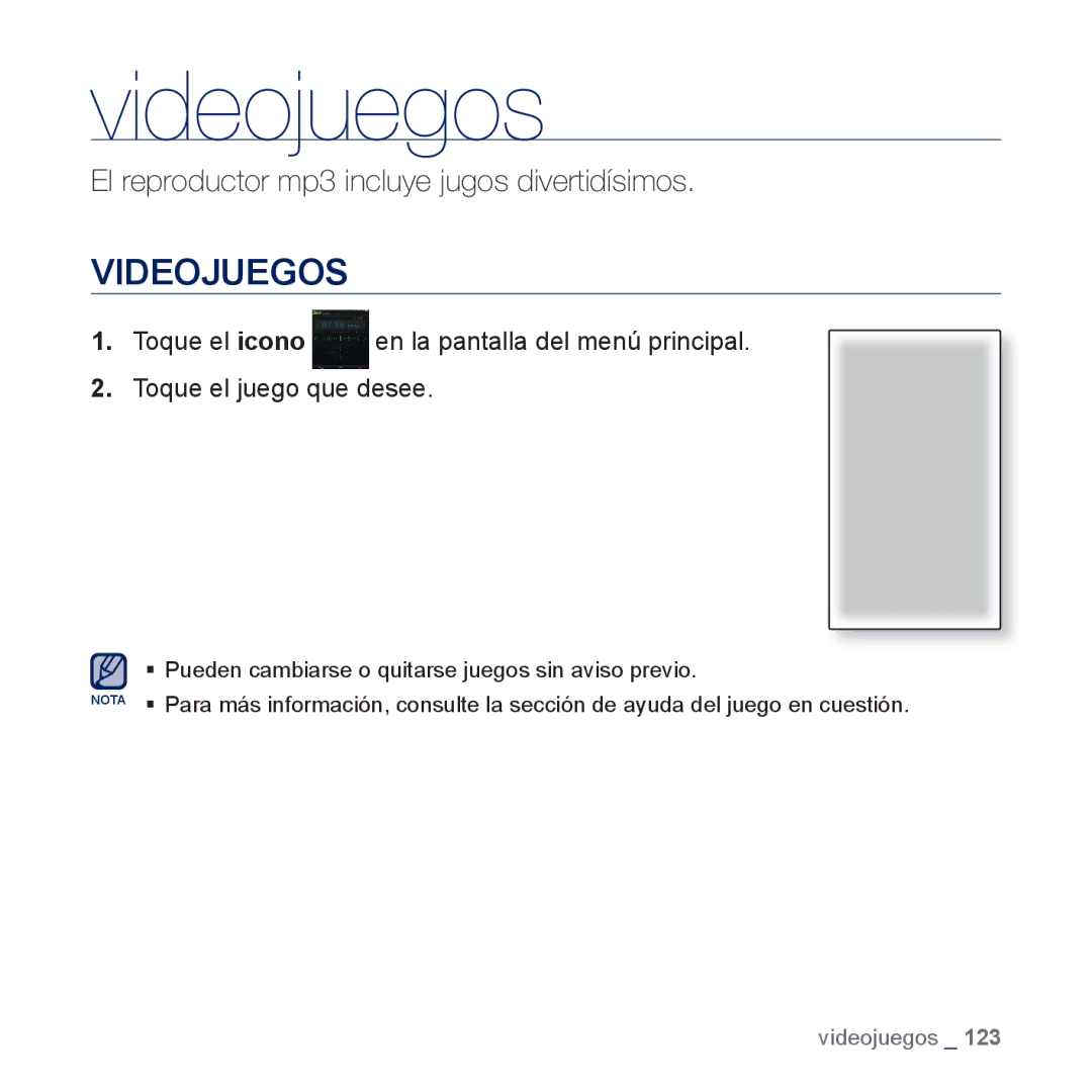 Samsung YP-P3JCS/XEE, YP-P3JCS/XEF, YP-P3JCB/XEF, YP-P3JNS/XEE, YP-P3JES/XEE, YP-P3JEB/XEE, YP-P3JCB/XEE manual Videojuegos 