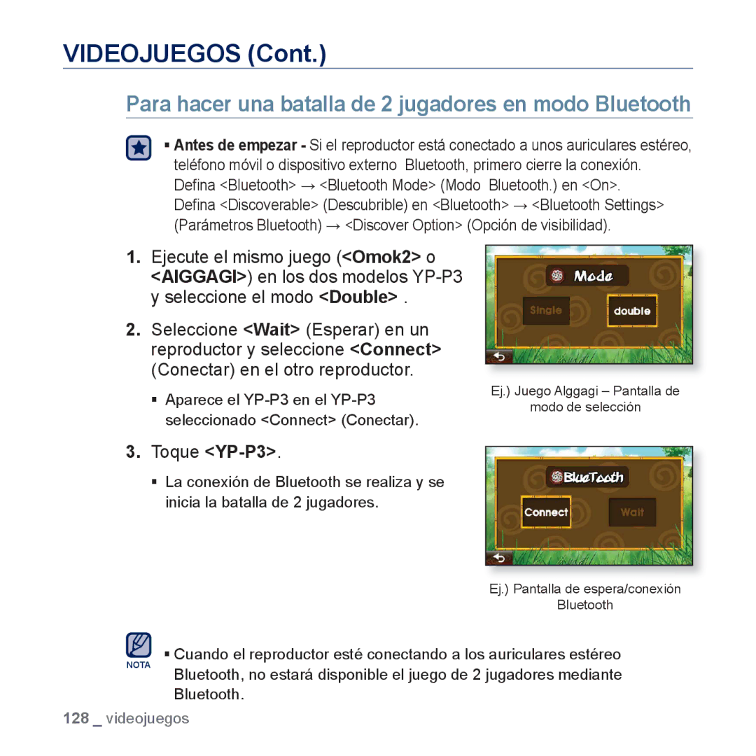 Samsung YP-P3JCS/XEF, YP-P3JCB/XEF, YP-P3JNS/XEE manual Para hacer una batalla de 2 jugadores en modo Bluetooth, Toque YP-P3 