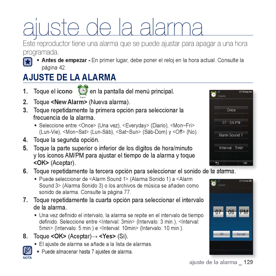 Samsung YP-P3JCB/XEF, YP-P3JCS/XEF, YP-P3JNS/XEE, YP-P3JCS/XEE, YP-P3JES/XEE manual Ajuste de la alarma, Ajuste DE LA Alarma 